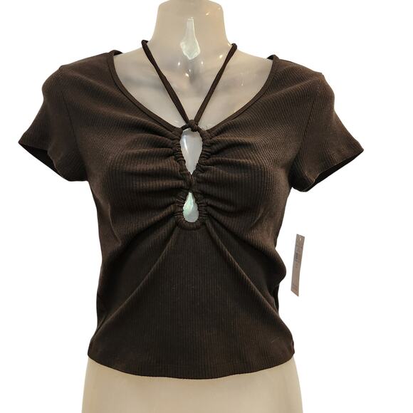 American Eagle AE Rib Knit Keyhole Tie-Front Tee T-Shirt Crop Top Black Medium - Picture 2 of 9